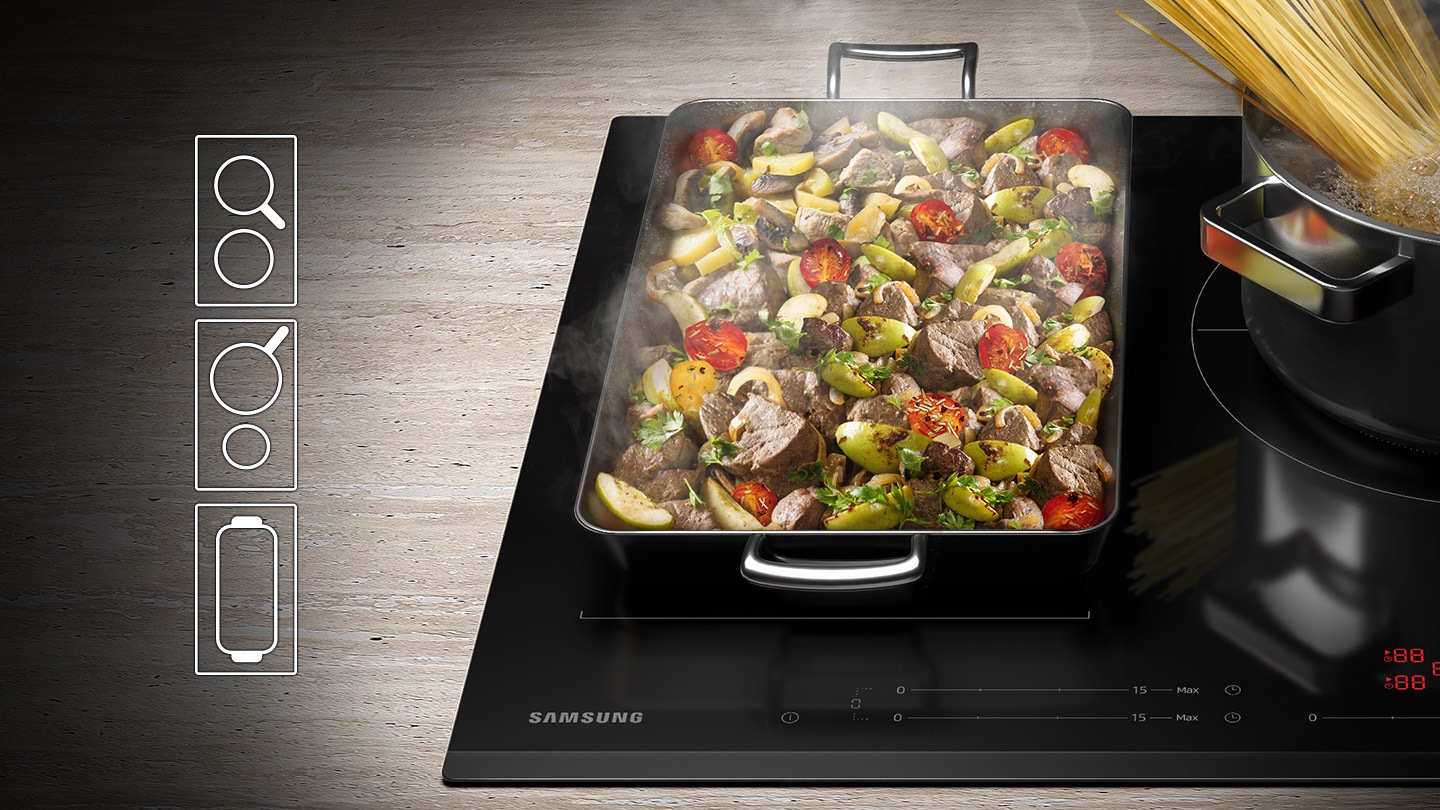 Großer Bräter mit Fleischgericht in Zubereitung auf Samsung Kochfeld