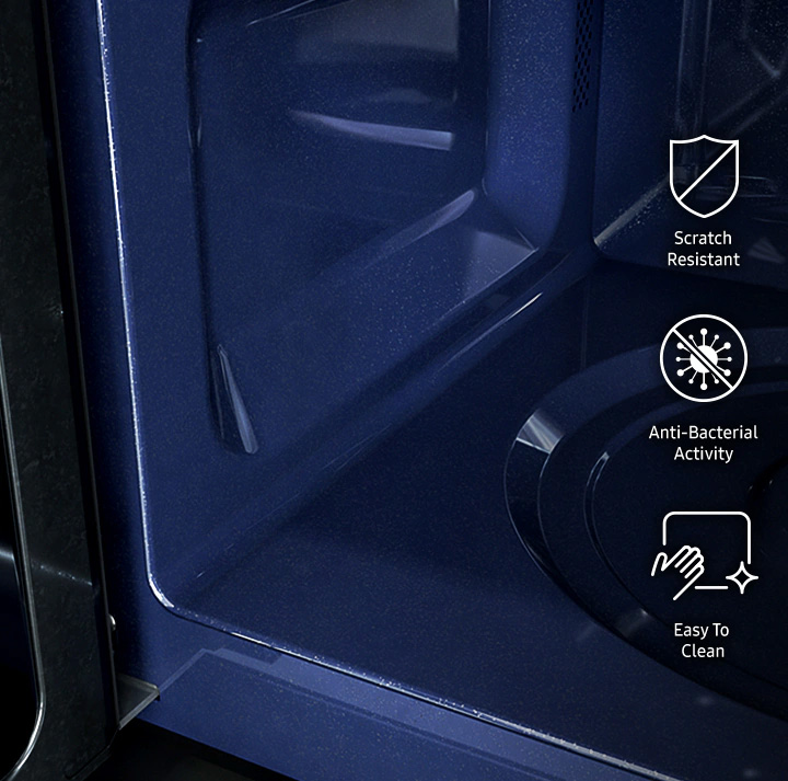 Ausschnitt Innenraum Mikrowelle mit Symbolen Scratch Resistant, Anti-Bacterial Activity und Easy to clean