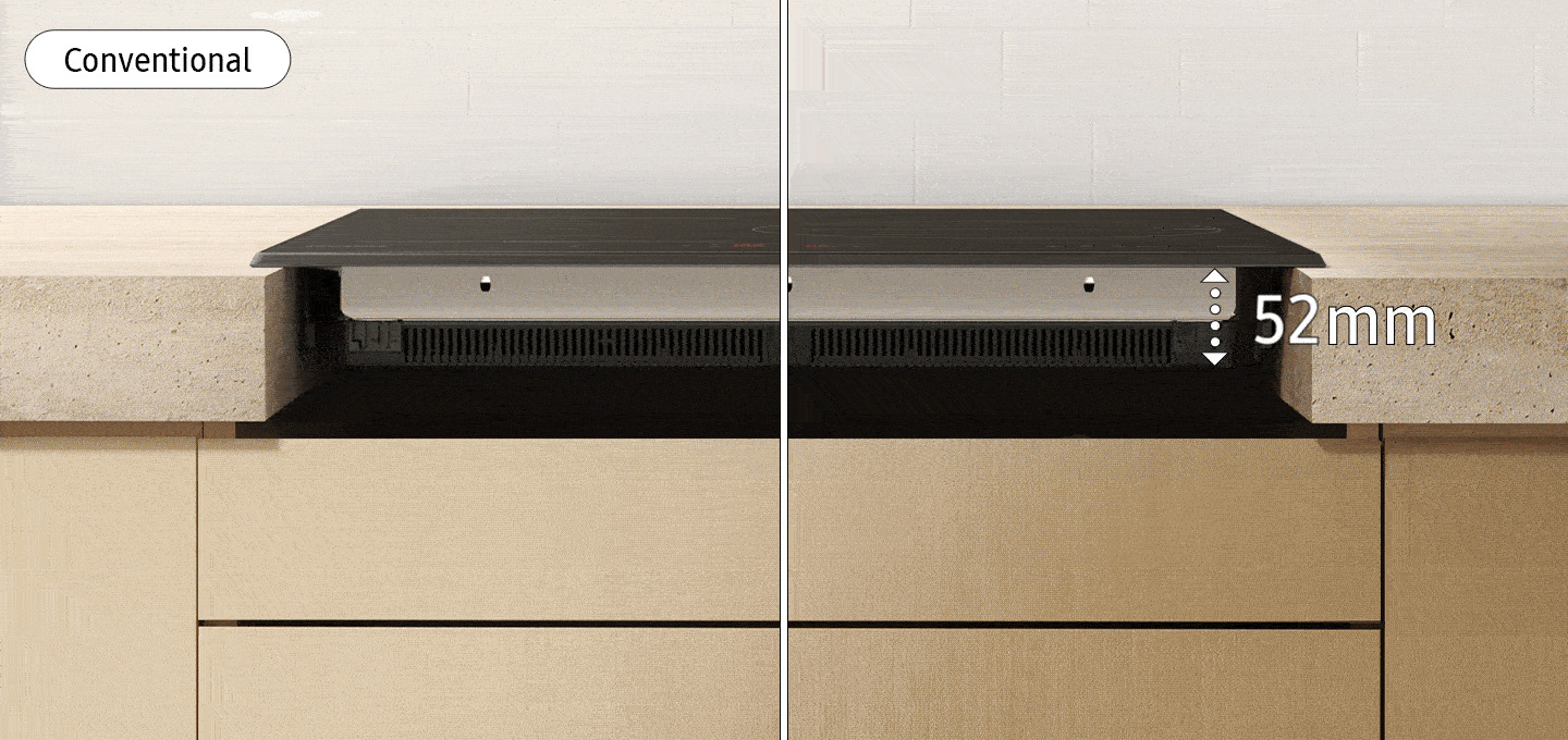 Längsschnitt Montagesituation Kochfeld mit Einbautiefe 52 mm Conventional