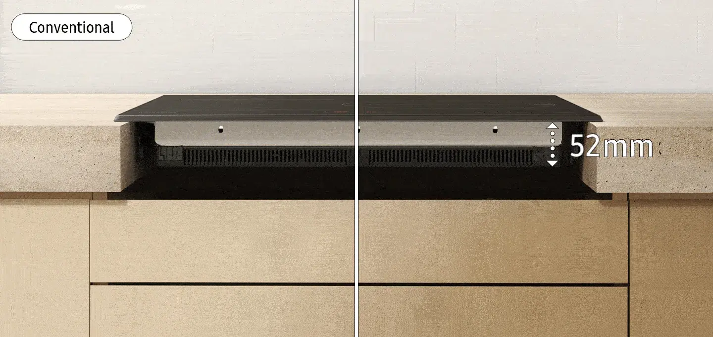 Längsschnitt Montagesituation Kochfeld mit Einbautiefe 52 mm Conventional